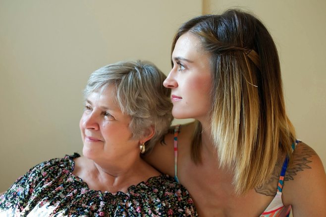 granddaughter and grandma looking away granddaughter and grandma looking away